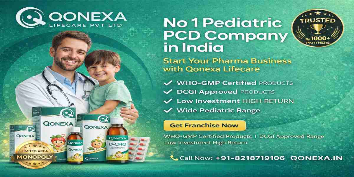 No 1 Pediatric PCD Company in India Qonexa Lifecare banner with pediatric pharma products, WHO-GMP certified and DCGI approved range, franchise opportunity