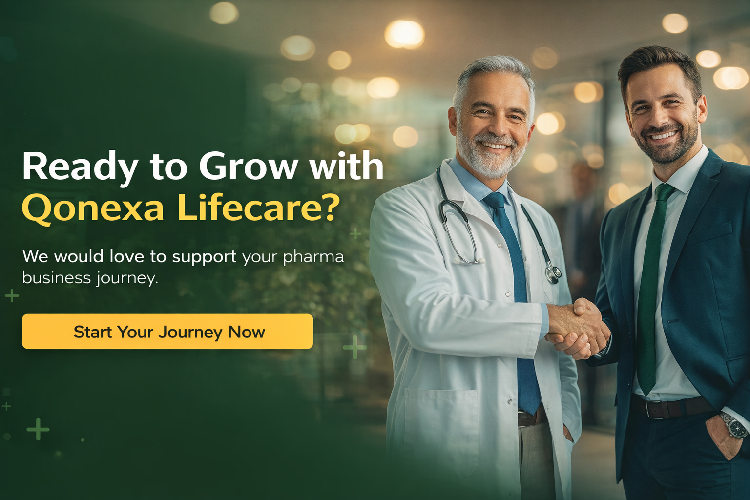 Qonexa Lifecare pharma banner showing doctor and business partnership with CTA Start Your Journey Now
