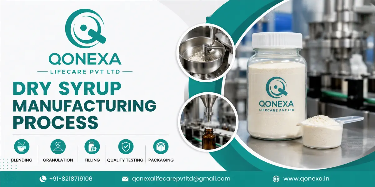 Dry syrup manufacturing process in pharmaceutical industry including blending granulation drying filling and packaging