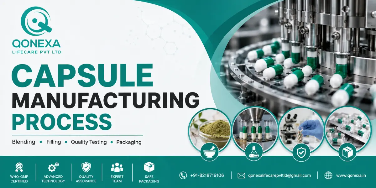 Capsule manufacturing process in pharmaceutical industry from blending to packaging