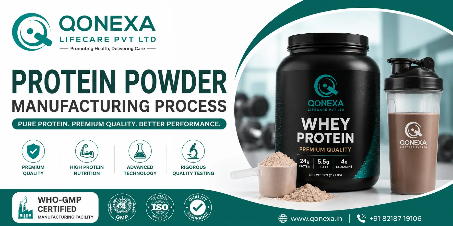 Protein Powder Manufacturing Process at Qonexa Lifecare Pvt Ltd using advanced spray drying, blending and quality control systems