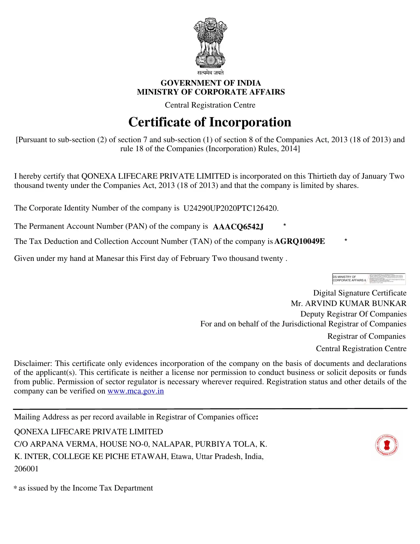QONEXA Company Incorporation Certificate