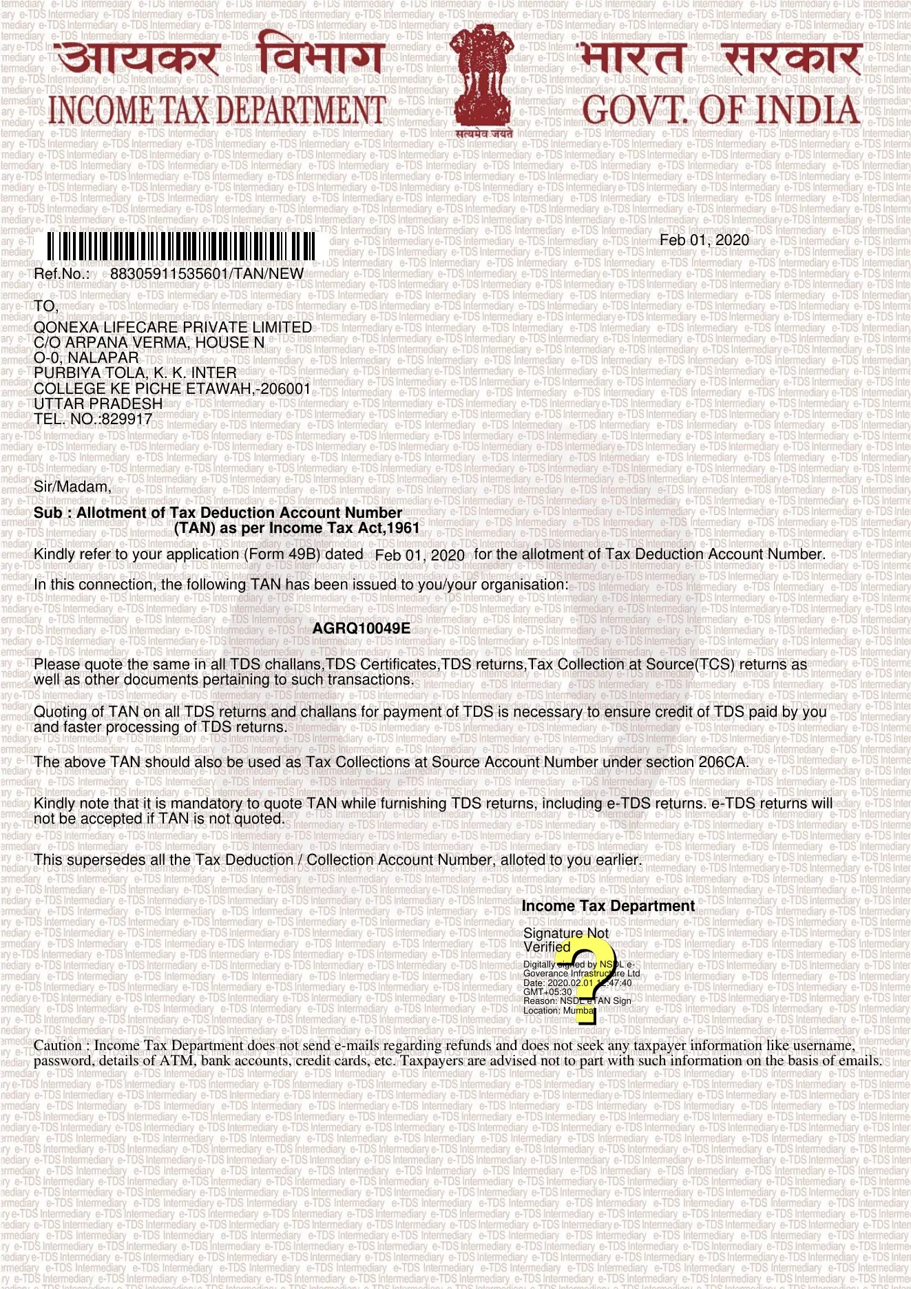 QONEXA Company TAN Certificate