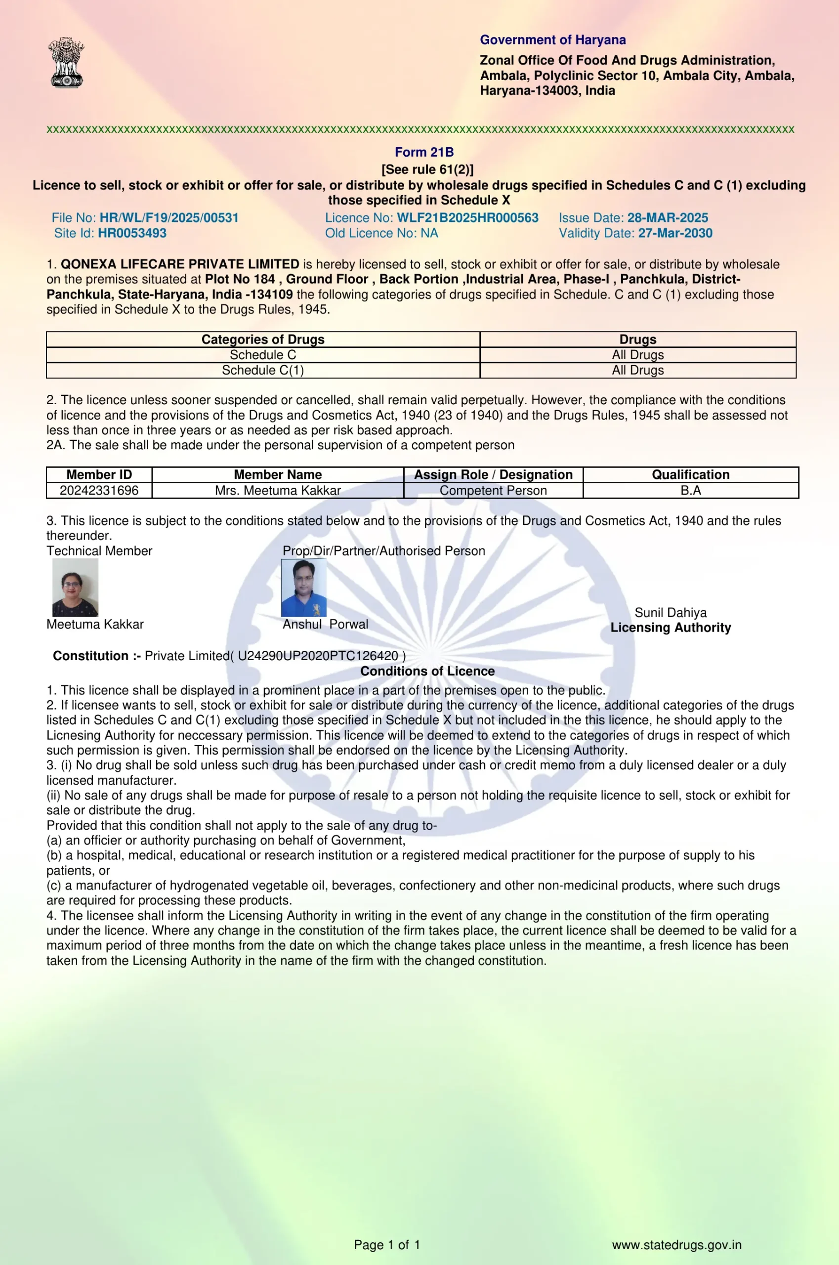 QONEXA Drug Licence Form 20B Certificate