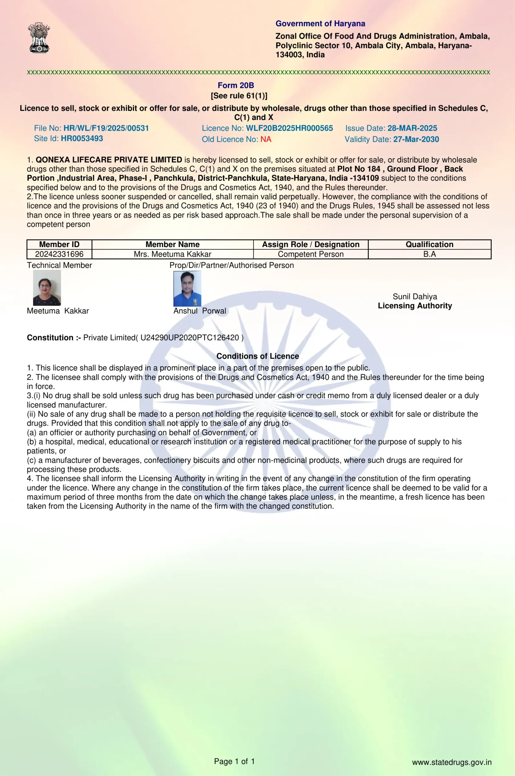 QONEXA Drug Licence Form 21B Certificate