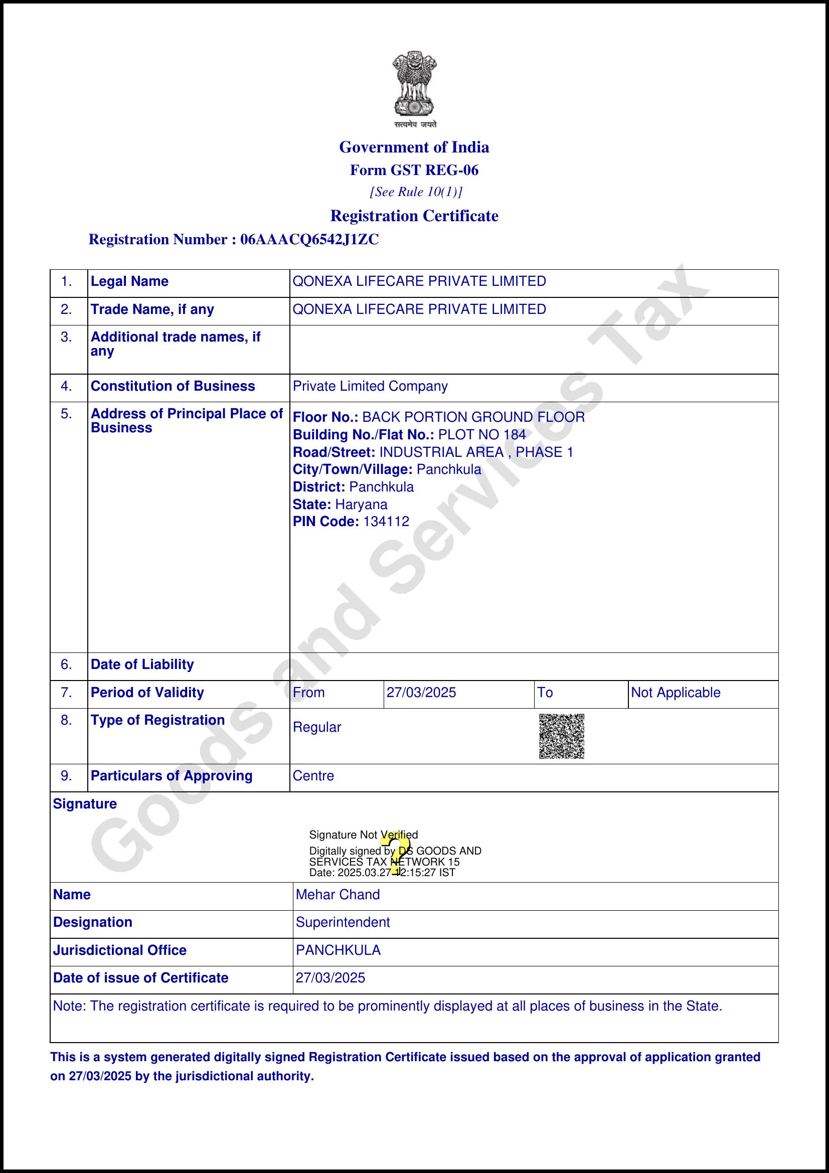QONEXA GST Registration Certificate