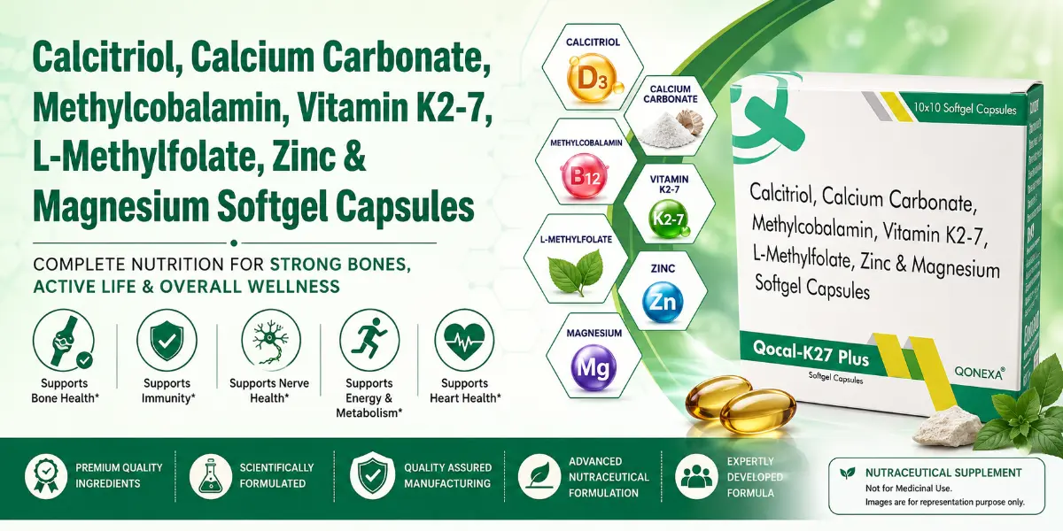 Calcitriol, Calcium Carbonate, Methylcobalamin, Vitamin K2-7, L-Methylfolate, Zinc & Magnesium Softgel Capsules by Qonexa Lifecare
