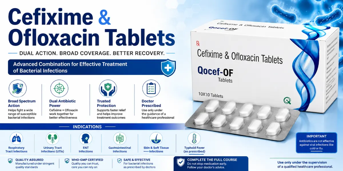 Cefixime & Ofloxacin Tablets Qocef-OF manufactured by Qonexa Lifecare Pvt. Ltd.