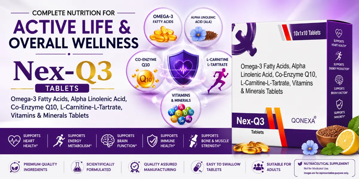 Nex-Q3 Tablets - Omega-3 Fatty Acids, Alpha Linolenic Acid, Co-Enzyme Q10, L-Carnitine L-Tartrate, Vitamins & Minerals Tablets