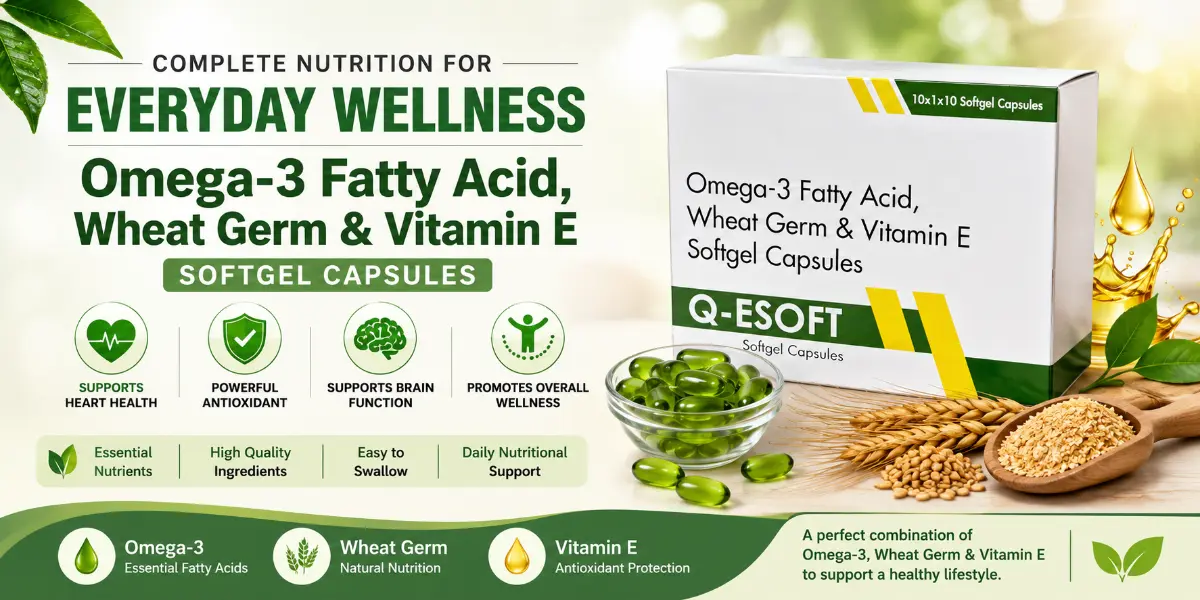 Omega-3 Fatty Acid Wheat Germ and Vitamin E Softgel Capsules Q-ESOFT by Qonexa Lifecare
