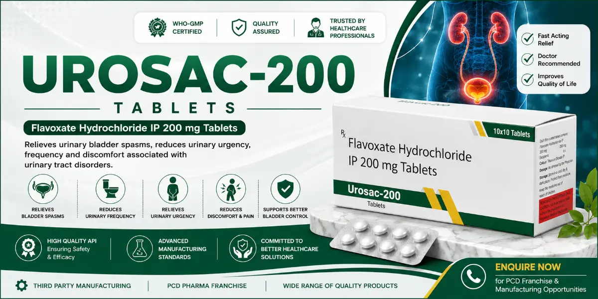 Urosac-200 Flavoxate Hydrochloride IP 200 mg Tablets for urinary bladder spasms and overactive bladder management