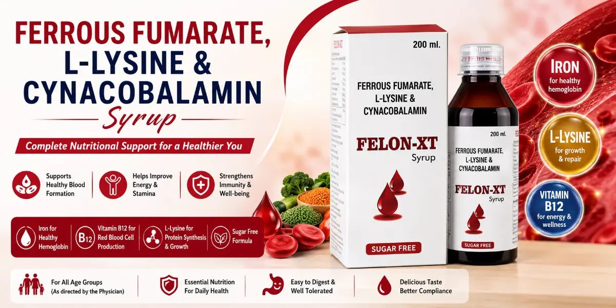 Ferrous Fumarate, L-Lysine & Cyanocobalamin Syrup for Iron and Vitamin B12 Supplementation.